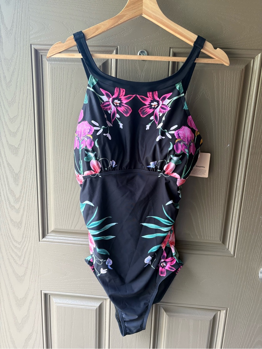 BloomChic Black One-Piece Swimsuit with Pink & Green Floral Print size 10/M